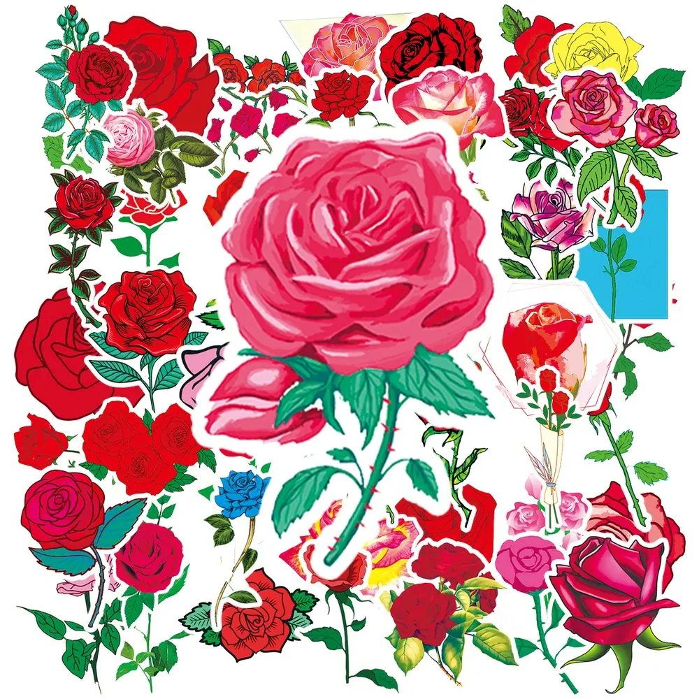 50Pcs Aesthetic Colorful Rose Flower Vinyl Stickers, Vintage Red Pink Yellow Blue Floral Decals, Waterproof Stickers for Car Window Dashboard, Motorcycle Helmet, Water Bottle, Laptop, Journal, Scrapbook, Luggage, Phone Case,#RoseStickers