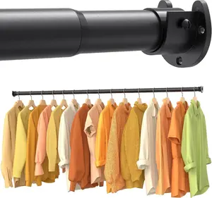 Closet Rods for Hanging Clothes, 17-28 Inch No-Cut Stepless Adjustable Closet Rod, 1.3 Inch Heavy Duty Metal Closet Hanging Rod with Brackets, Black Closet Bar for Closet, Laundry Room, RV, Wardrobes