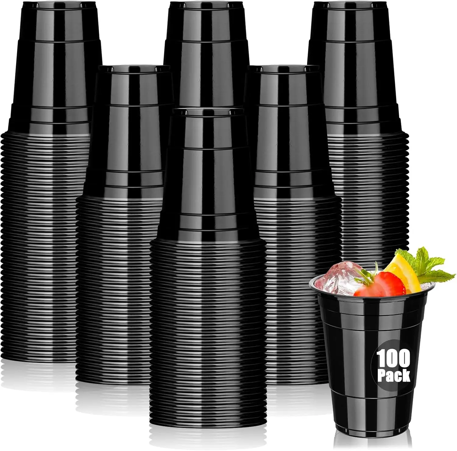 100 Pack Black Plastic Cups 16 oz, Disposable Cups for Party, Heavy Duty Drinking Cups, Halloween Cup for Wedding Birthday  Taste Serving Snack Sample Tastings Barbecues Picnic