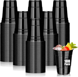 100 Pack Black Plastic Cups 16 oz, Disposable Cups for Party, Heavy Duty Drinking Cups, Halloween Cup for Wedding Birthday  Taste Serving Snack Sample Tastings Barbecues Picnic