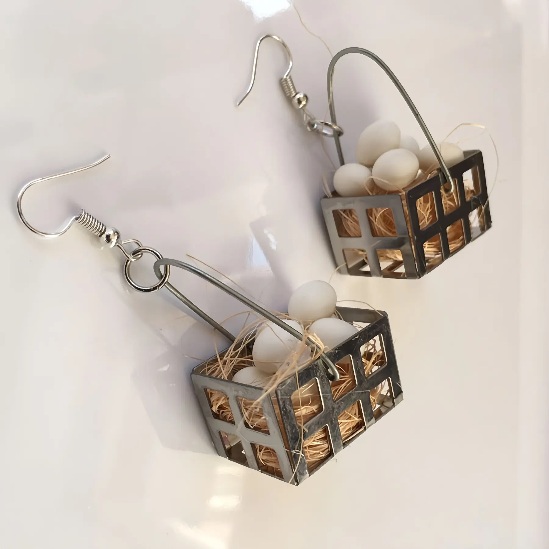 Miniature Metal Egg Basket Dangle Earrings for Women, Cottagecore Rustic Bird Nest Egg Drop Earrings, Quirky Novelty Farmhouse Jewelry Gifts