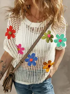 Women's Floral Embroidery Crew Neck Sweater, Casual Sleeveless Knit Pullover for Summer, Fashion Women's Lightweight Knitwear for Daily Wear, Tops, Knitted Mesh