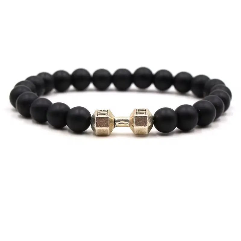 Dumbbell Bracelet - Beaded Bracelet with Dumbbell Charm Centerpiece for Fitness Enthusiasts Comfortable Elastic Design