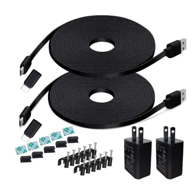 2-Pack 20FT Power Extension Cable for Outdoor 4/3, Wyze Cam v3/v4, Ring Spotlight Cam, Arlo Essential 2K – Micro USB & Type C Charger with Adapter (Black)