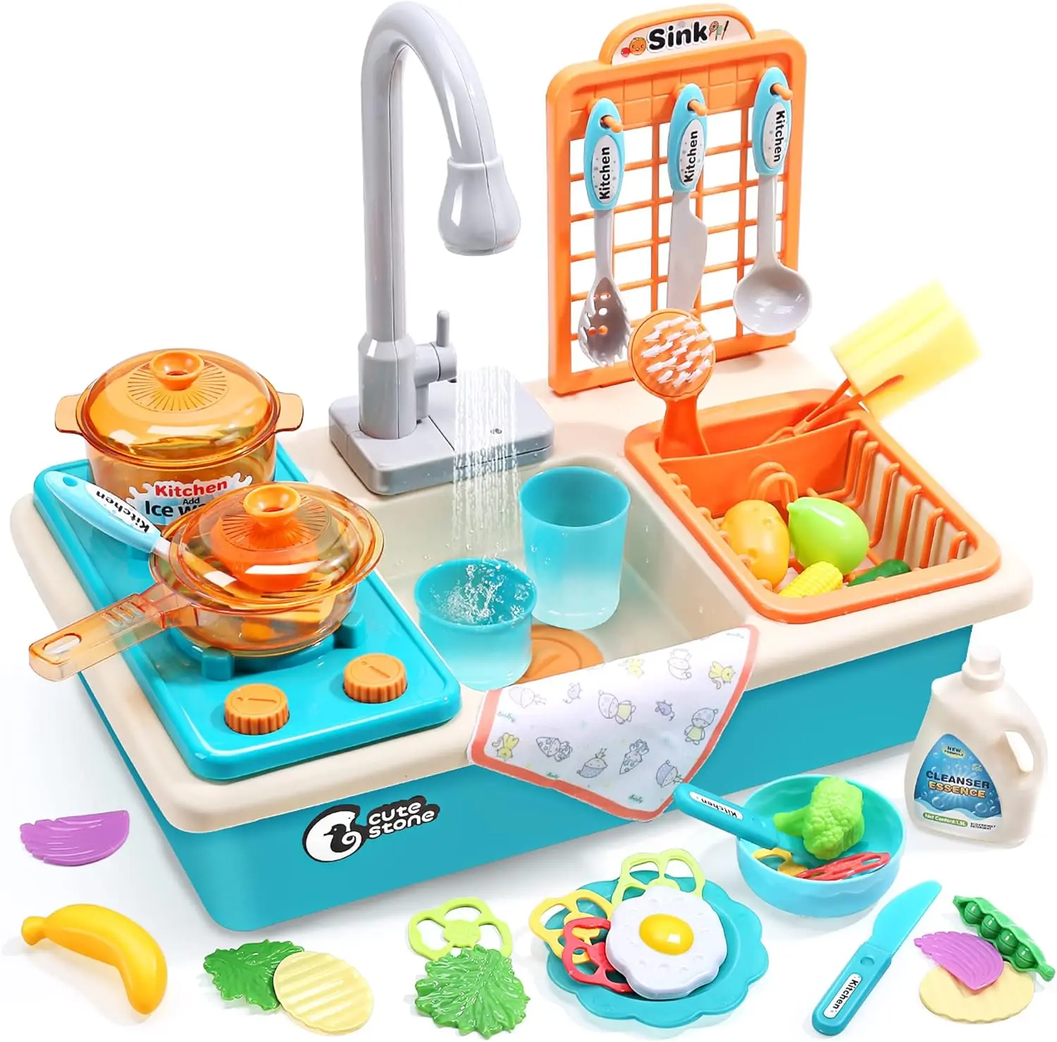 CUTE STONE Play Kitchen Sink Toy Set with Upgraded Real Working Faucet, Pretend Cooking Stove, Pots & Pans, Play Food, Color-Changing Dishes, Interactive Pretend Play Kitchen Accessories, Gift Idea