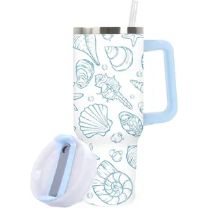 Ocean with Handle Lid Straw 40 Oz Seashell Stainless Travel Cup Blue and White Cups for Iced Coffee Favor, 1 Pcs
