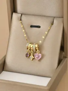 Colorful Cubic Zirconia Heart Four-Point Star Personalized Stainless Steel Necklace for Women, Casual Style, All Seasons