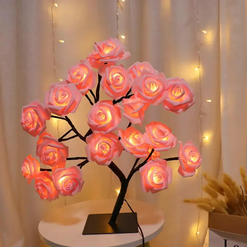 LED Rose Flower Table Lamp USB-Powered 24LED Freestanding Floral Night Light - Adjustable Warm Fairy Lights for Bedroom, Party, Valentine's Day, Christmas Decor with Push Button Switch