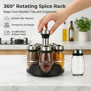 360 Rotating Spice Rack with 6 Glass Jars, Compact Revolving Seasoning Organizer for Kitchen Countertops