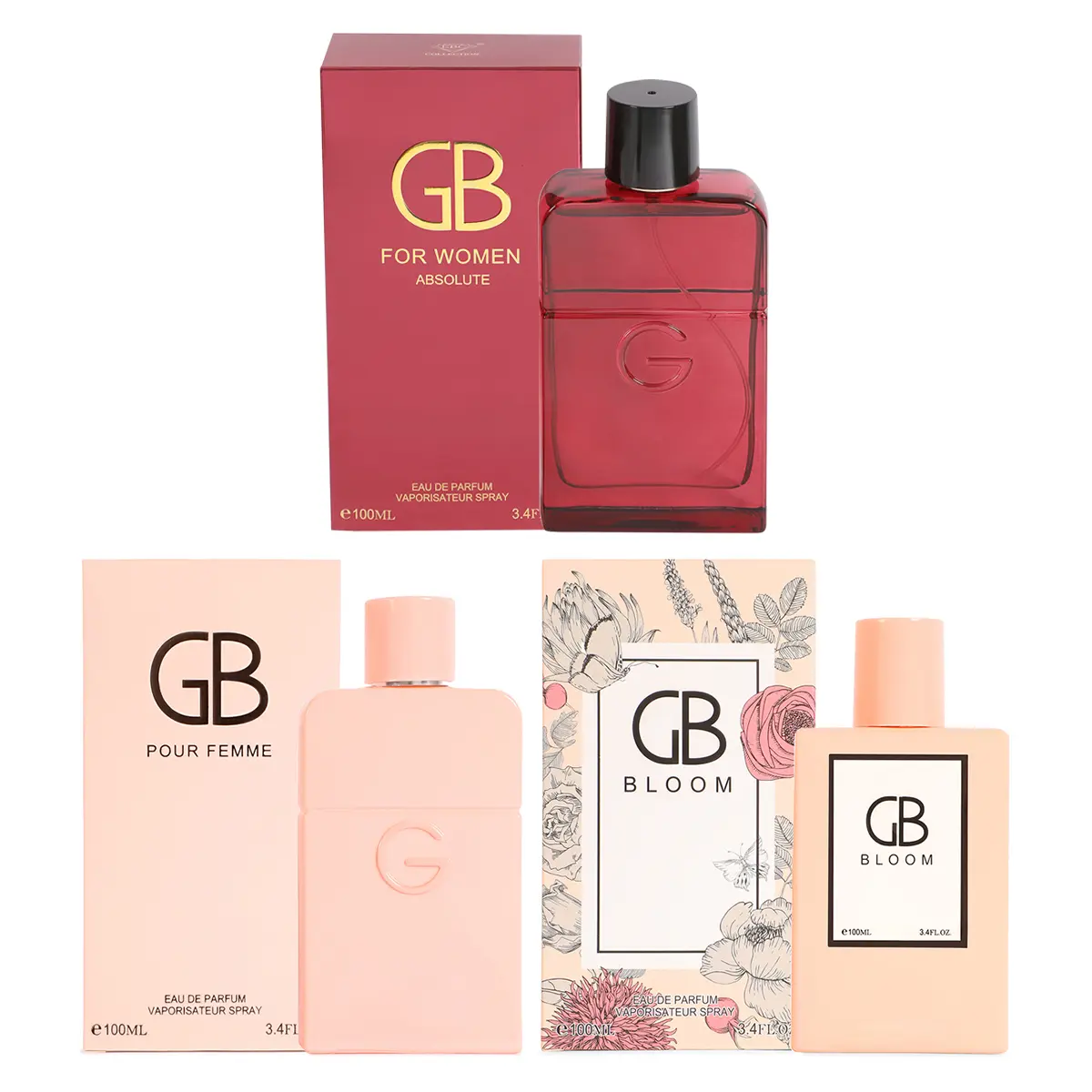 GB Perfume Bundle Absolute Red, Pour Femme Pink and Bloom Spray Perfume Eau de Parfum for Women 100ml/3.4fl.oz. - Women's Fragrance