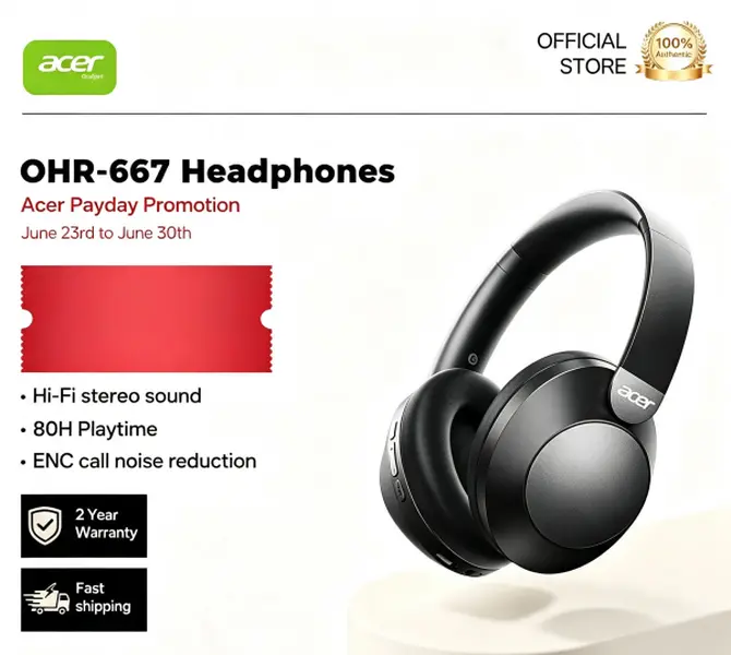 Acer OHR-667 Headphones Hi-Fi Stereo Sound 80H Playtime ENC Call Noise Reduction 2 Year Warranty Fast Shipping