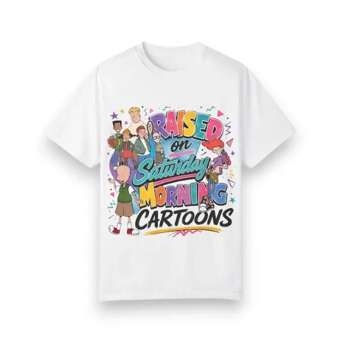 Raised on Saturday Morning Cartoons Graphic T-Shirt, Retro Cartoon Character Print, Vintage Nostalgic Unisex Tee #CartoonTee #RetroStyle #GraphicTee #VintageStyle #90sInspired #Streetwear
