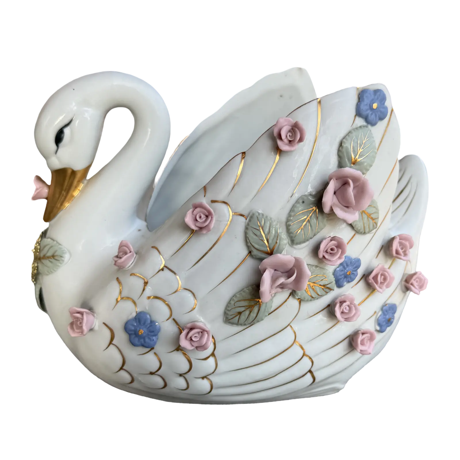 Vintage Porcelain Swan Planter with Applied Flowers & Gold Detail