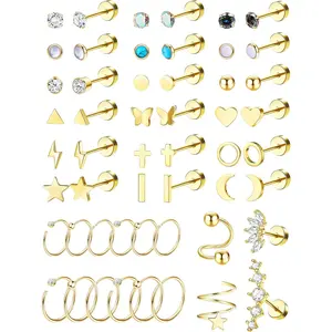 Sanfenly 26 Pairs 20G Hypoallergenic Surgical Steel Flat Back Earrings, Star Moon Butterfly CZ Spiral Daith Cartilage Piercing Jewelry for Women Men