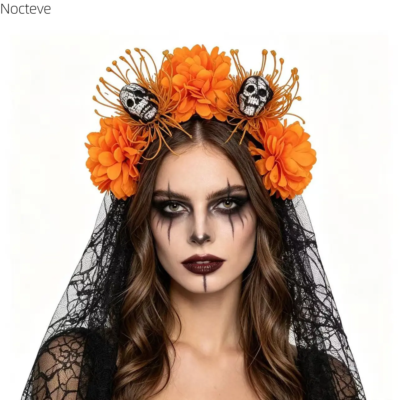 New Halloween Skull Headband for Women, Artificial Flower Lace Veil Hair Hoop, Mexican Day of the Dead Cosplay Costume Headpiece, Decorative Hair Accessory for Holiday Masquerade Party & Portrait Photo Shooting Props