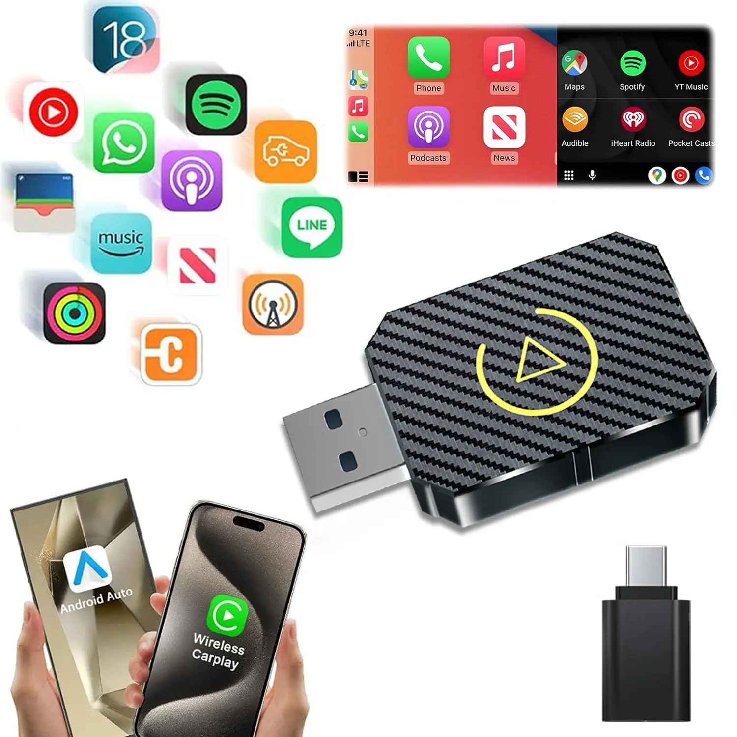 2 in 1 Wireless Apple CarPlay Adapter, for both Apple andAndroid,converts wired to wireless, suitable for factory wiredCarPlay cars from2016+