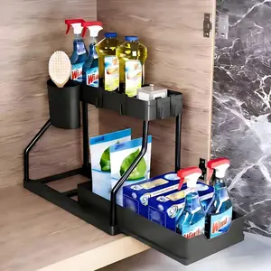 Under Kitchen Sink Organizer, 2-tier Under Sink Organizers and Storage for Kitchen & Bathroom, Multi-Purpose Pull Out Under Cabinet Organizer with Hooks Hanging Cup