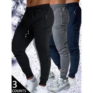 Men's 3-Pack Slim Fit Jogger Pants - Black, Light Grey & Navy Blue - Elastic Waist with Drawstring, Zipper Side Pockets, Tapered Leg Design -Lightweight Fabric - Perfect for Gym, Running, Casual Daily Wear - S-2XL Sizes