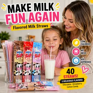 Milky Sip Milk Flavoring Straws - Flavored Milk Straws for Kids & Adults, Chocolate Strawberry Cotton Candy Milk Straws, Fun Kids Drink, Low Calorie Milk Enhancer, Instant Milk Flavor - 8 Packs Each 5 Straws in flavour