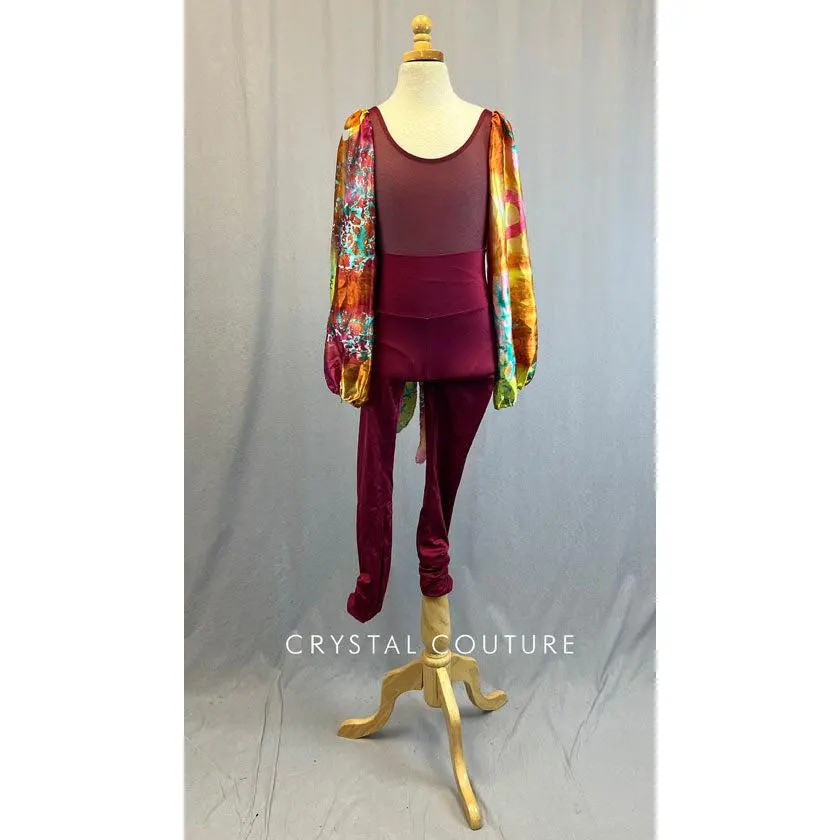 Custom Maroon Mesh Sheer Leotard with Silk Multicolored Balloon Sleeves and Maroon Lycra Leggings with Silk Multicolored Laces at waist.