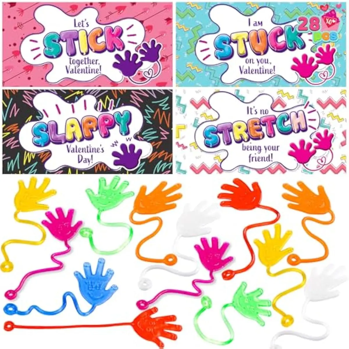 28 Packs Valentines Day Sticky Hands with Card Headers for Kids Party Favor, Classroom Exchange Prizes, Valentines Day Greeting Cards, Party Favors and Exchange Gifts
