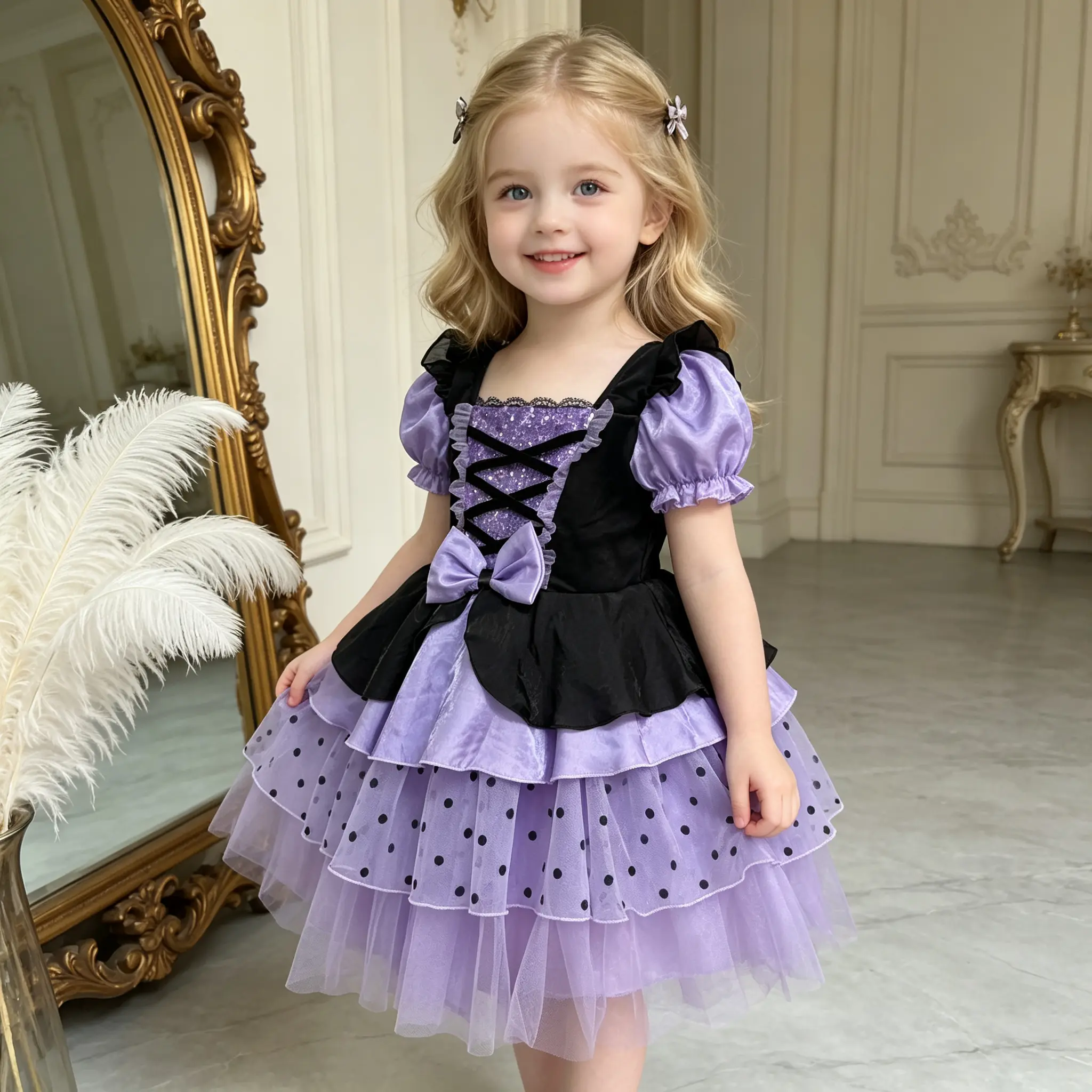 Toddler Girls Purple Black Witch Tutu Dress, Puff Short Sleeve Sequin Bow Lolita Princess Costume, Polka Dot Layered Tulle Dress for Halloween Party Cosplay Birthday