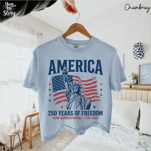Comfort Colors American Flag 250 Years Boxy Tee, Statue Liberty Patriotic Graphic Shirt