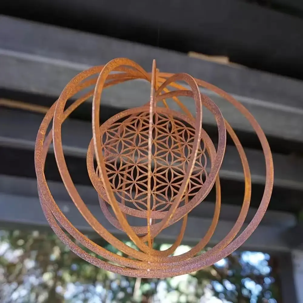 Rustic Iron Wind Spinner, 3D Rotating Round Hollow-Out Design, Weather Vane Bell Hanging Decoration, Outdoor Garden Ornament