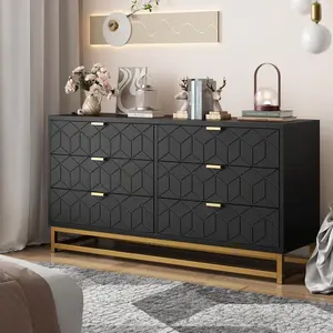 Garvee 53.5" Large Modern Black Dresser Organizer with 6 Drawers, Golden Metal Handles and Legs, Stylish Chest of Drawers for Bedroom, Closet, Hallway, Living Room, and Entryway Storage