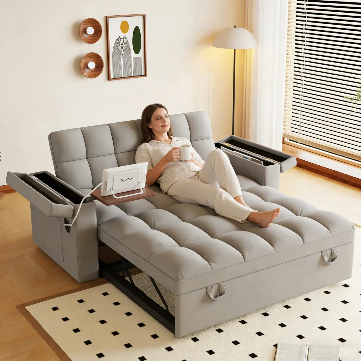 3 in 1 Convertible Sleeper Sofa Bed, 65" Loveseat Pull Out Bed, 3-in-1 Foldable Sofa Bed with USB Charging, Table Board, Storage Armrests & Pillow, Modern Velvet Sleeper for Everyday Living