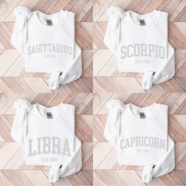 (Leave A Note or DM to Shop) (Ver 2) Custom Zodiac Sweatshirt – White Color, Custom Year-Est Your Year Astrology Pullover, Cute Horoscope Energy Gift, Unisex Crewneck Sweatshirt, Birthday Zodiac Sign Outfit - HARSIN