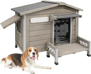 Petscosset Wooden Dog House Outdoor, Weatherproof Durable Dog Kennel Outside with Porch, Anti-Chewing Iron Frame Dog House for Small, Medium, and Large Dogs with Air Vent