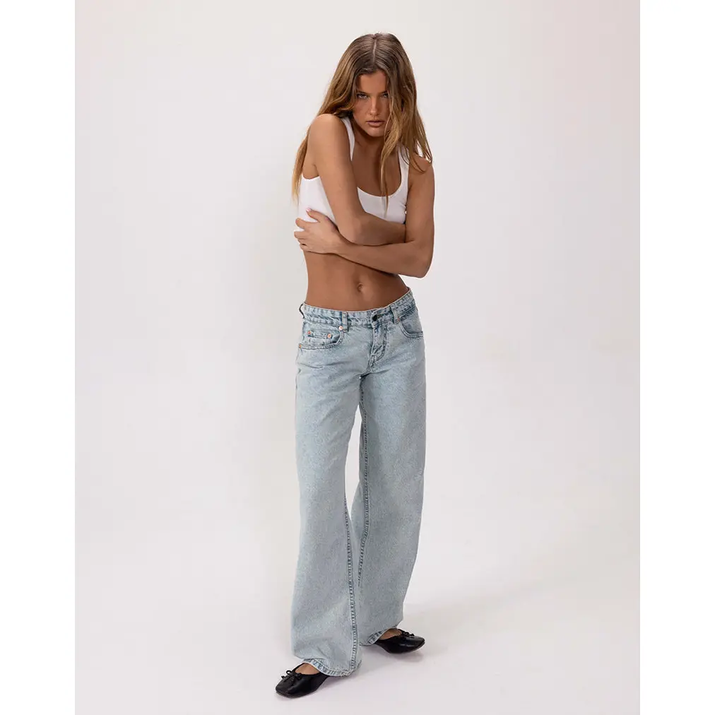 Motelrocks Women's Parallel Low Rise Straight Leg Jeans in 80s Light Blue Wash, Made with Recycled Cotton, Low Rise Jeans