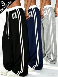 Black-White & Gray-White Contrast Print Style 01 Wide-Leg Casual Jogging Pants with Drawstring High-Waisted Long Pants for Babes Style - Trouser, Womenswear, Adjustable,summervibes