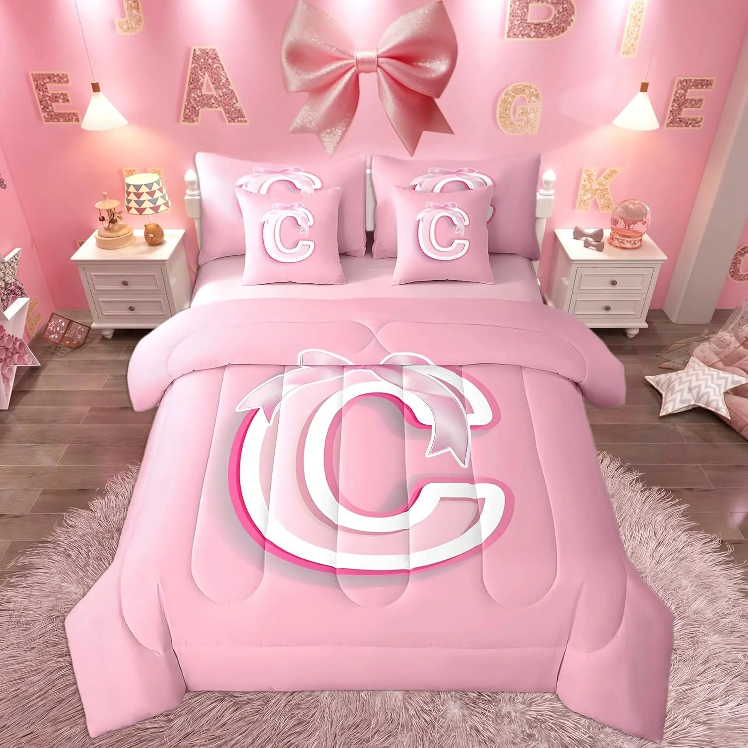 Pink Bow Bed Set,Gifts for Women,,Decor Ultra Soft Monogrammed 7 Pieces Beeding Set,Personalized Initial C Bed in a Bag with Comforter,Sheets,Pillowcases Kawaii Pink