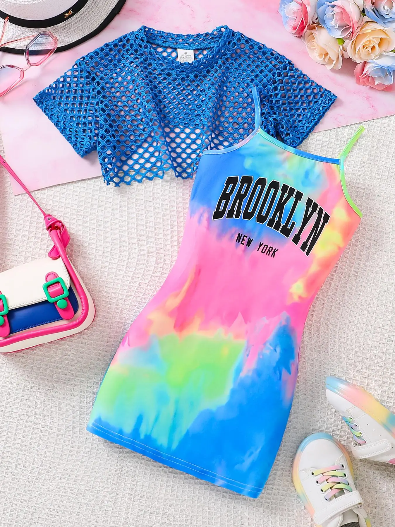 Girl's Solid Hollow Out Crop Top & Tie Dye Letter Print Cami Dress Two-piece Set, Casual Short Sleeve Top & Sleeveless Dress for Daily Wear, Kids Summ