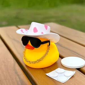 Rubber Duck Car Dashboard Decoration with Propeller Helmet, Yellow Duck Ornament with Black & Pink Polka Dot Hat, Cute Decor for Car Interior, Home, Christmas & Daily Decorations for Adults