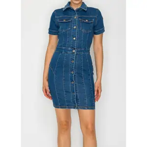 NALA DENIM STRETCHY FITTED POCKET SHORT SLEEVE MINI DRESS