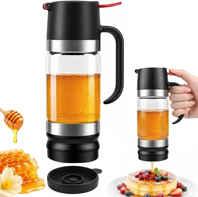 10oz No Drip Honey Dispenser with Base,Glass Syrup Dispenser with Handle,Honey Container for Coffee,Tea,Chocolate,Pancake and Condensed Milk