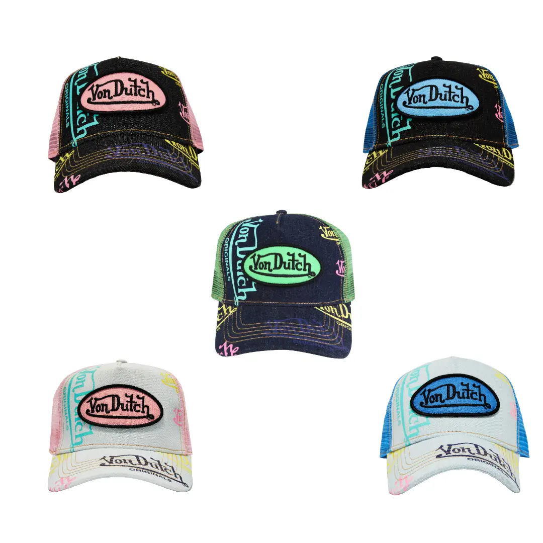Von Dutch Denim Multi Logo Trucker Hats - All Styles Von Dutch Denim Multi Logo Trucker Hats - All Styles