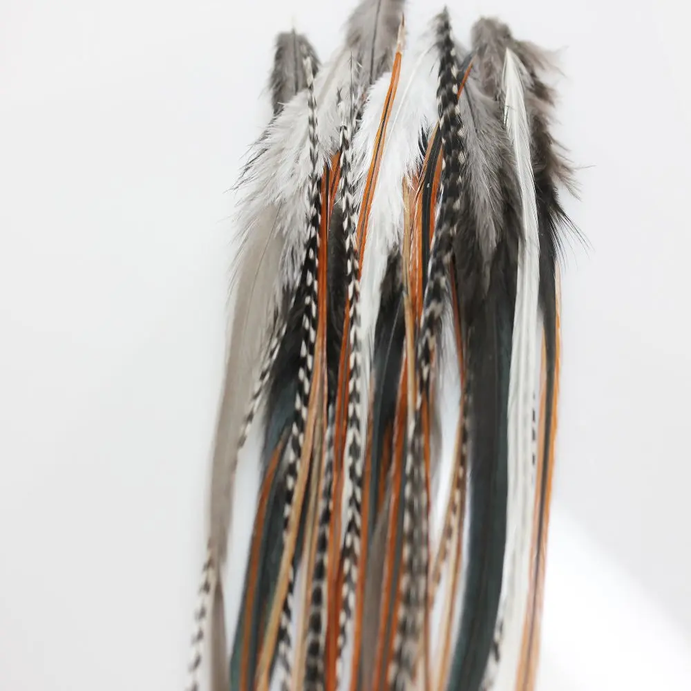Feather Hair Extension – Natural Beige & Brown Loose Feathers (25) 8–12 Inches, Includes 10 Silicone Micro Beads