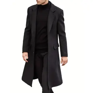 Plus Size Men'S Casual Work Trench Coat - Polyester Pea Coat with Lapel Collar, Solid Color, Slight Stretch Fabric, Woven, Regular Fit, 90g/m² Lining, Fall/Winter Outerwear with Pockets