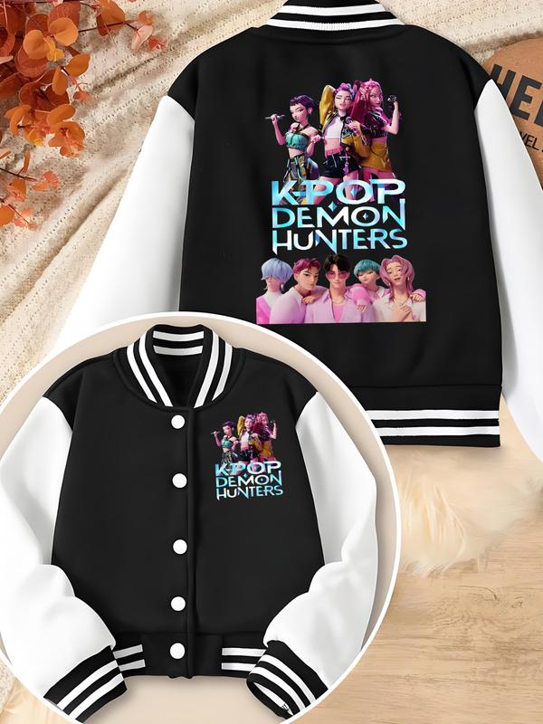 Girls' Kpop Demon Boy & Hunter Girl Group Print Baseball Jacket, Casual Cute Outerwear, Casual Sport School Uniform, Elastic Fabric, Fall Winter Halloween