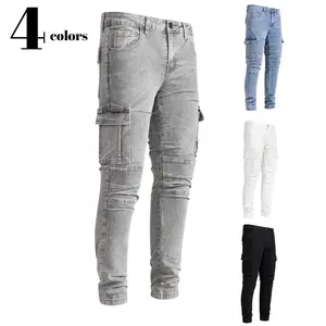 Clean Gent men’s distressed straight slim jeans, stretchy skinny cargo jeans, stylish casual comfortable denim pants, men’s street style, suitable for all seasons