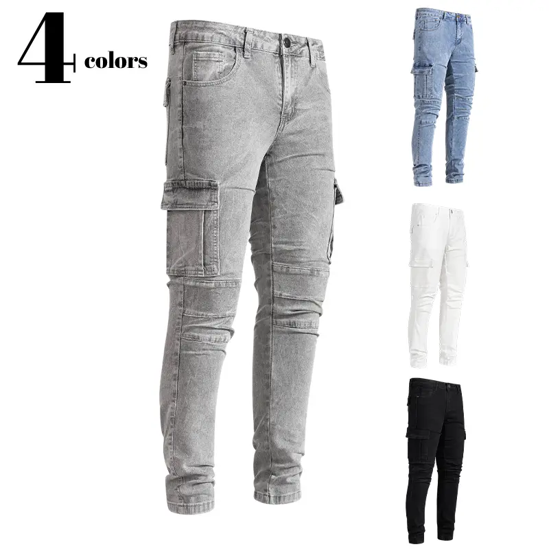 Clean Gent men’s distressed straight slim jeans, stretchy skinny cargo jeans, stylish casual comfortable denim pants, men’s street style, suitable for all seasons