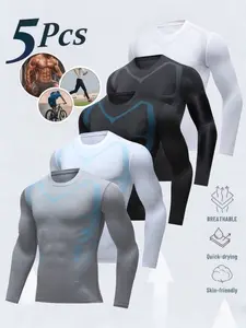 Men's 5-Piece Sportswear Set Crew Neck Long-Sleeved High-Elasticity T-Shirt Thin Breathable Sweat-Wicking Quick-Drying Summer American Stripe Design Sporty Style - Top, Menswear oversized sleeve men