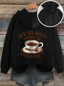Women's Autumn Winter Hooded Zipper Sweatshirt, Fun Coffee Print Graphic Casual Top, Fitted Plain Design, Moderate Fabric, Ladies Fashion