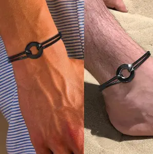 B122 – Karma Bracelet Black Cord Circle Charm For Men!