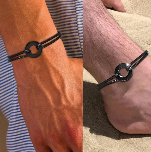 B122 – Karma Bracelet Black Cord Circle Charm For Men!