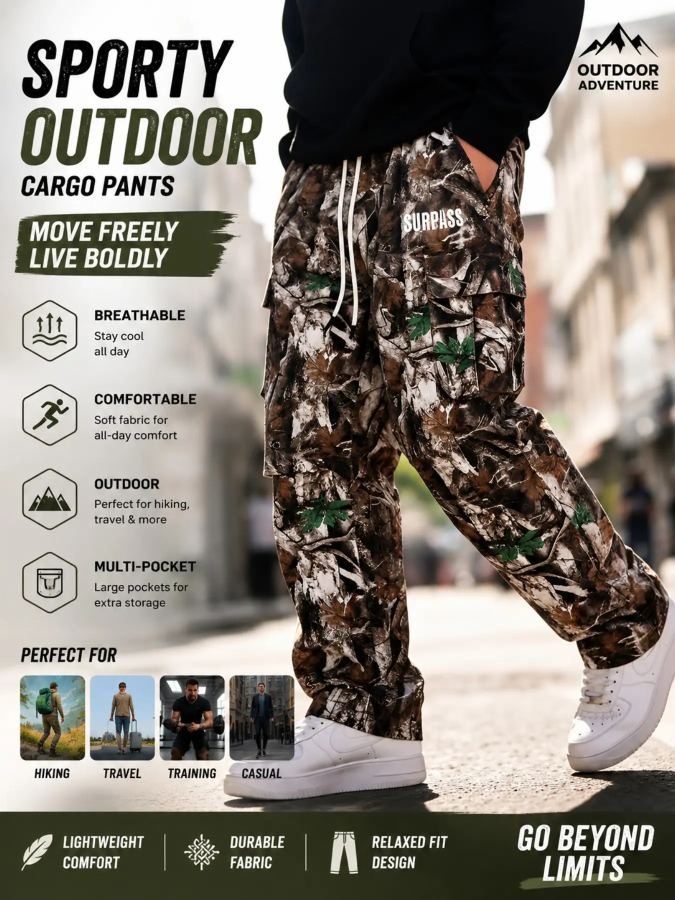 Men's Outdoor Camouflage Work Pants, Loose Straight Leg Multi-Pocket Casual Sports Long Pants, Hiking Climbing Pants, Camo Styles